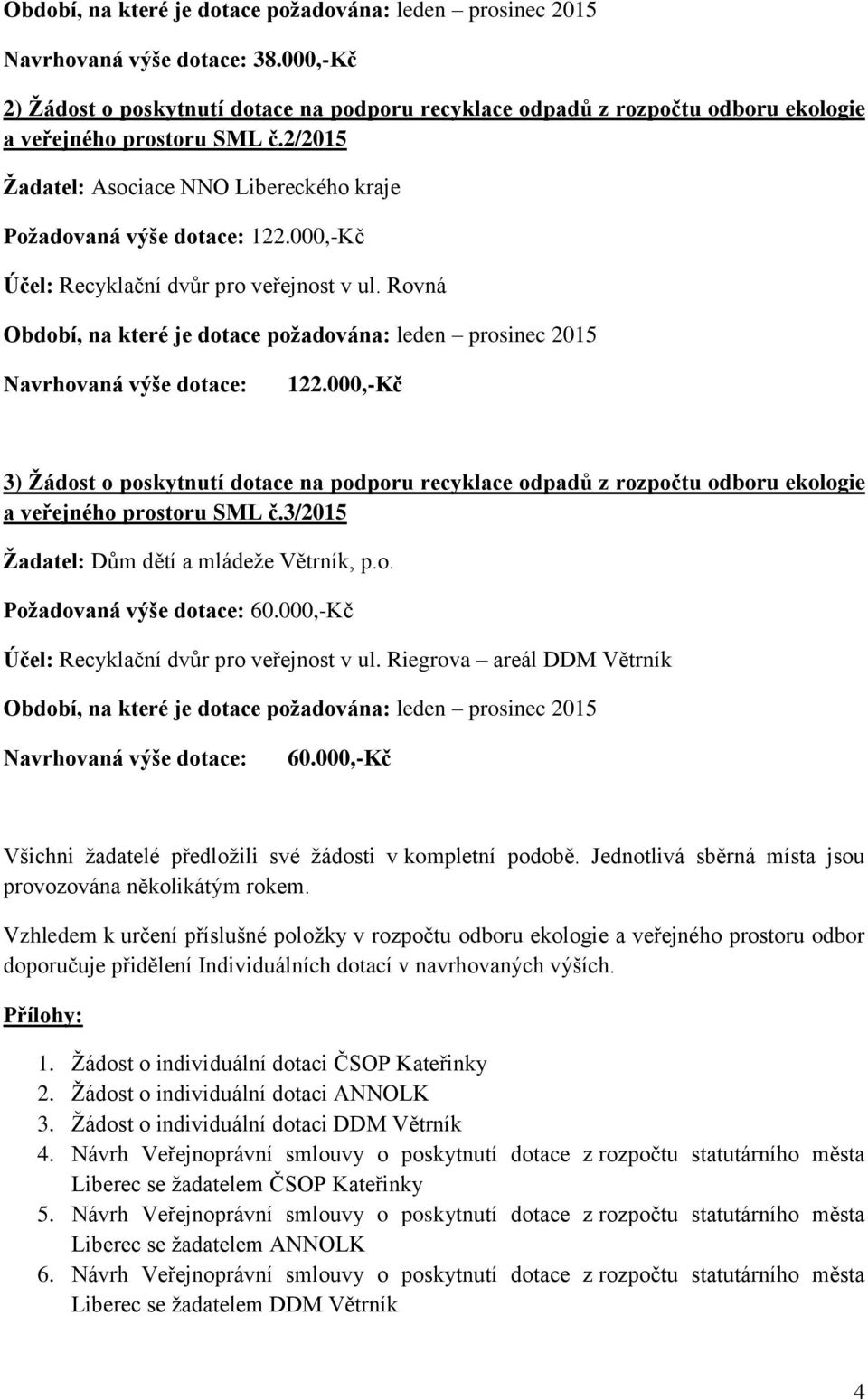 000,-Kč Účel: Recyklační dvůr pro veřejnost v ul. Rovná Období, na které je dotace požadována: leden prosinec 2015 Navrhovaná výše dotace: 122.