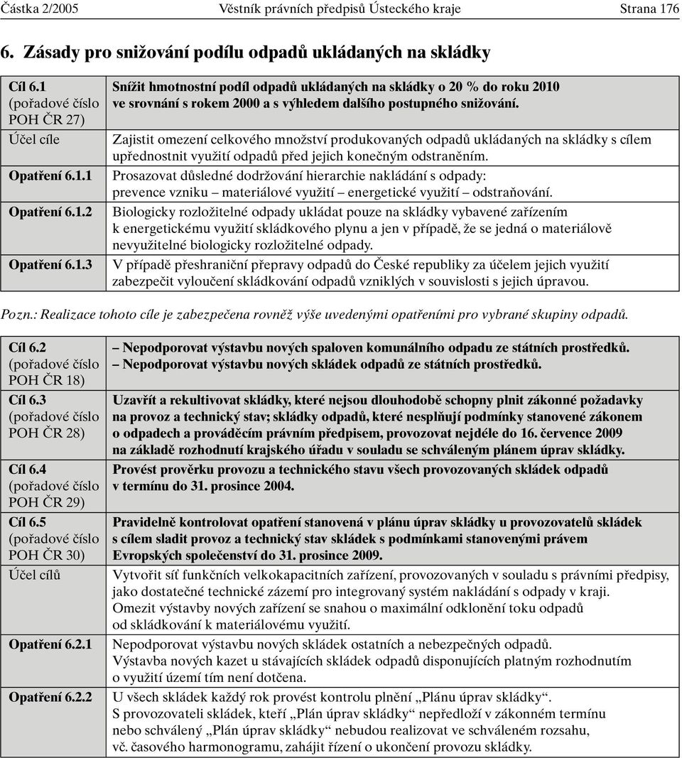 POH âr 27) Úãel cíle Zajistit omezení celkového mnoïství produkovan ch odpadû ukládan ch na skládky s cílem upfiednostnit vyuïití odpadû pfied jejich koneãn m odstranûním. Opatfiení 6.1.