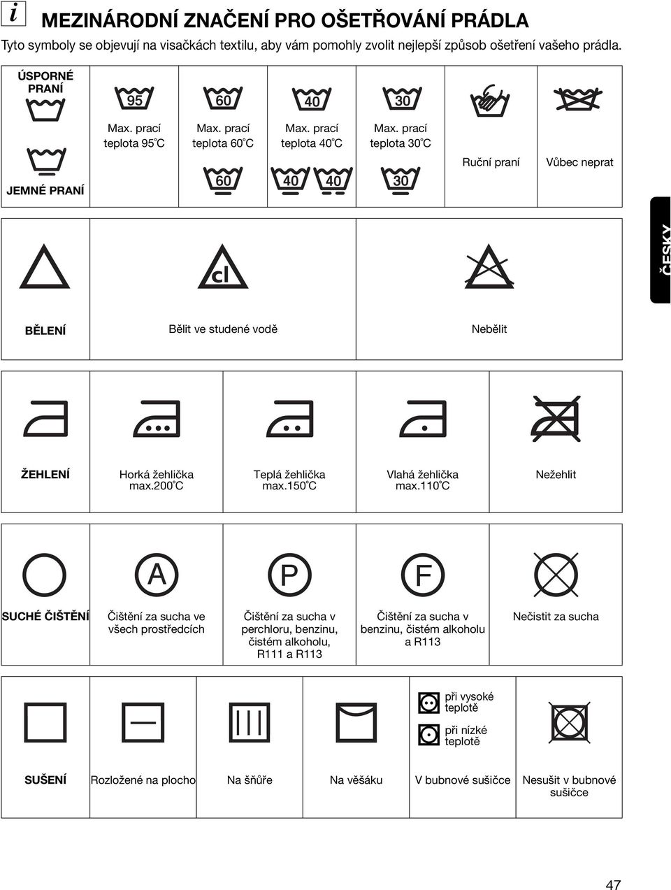 prací teplota 30 C JEMNÉ PRANÍ 60 40 40 30 Ruční praní Vůbec neprat ČESKY BĚLENÍ Bělit ve studené vodě Nebělit ŽEHLENÍ Horká žehlička max.200 C Teplá žehlička max.150 C Vlahá žehlička max.