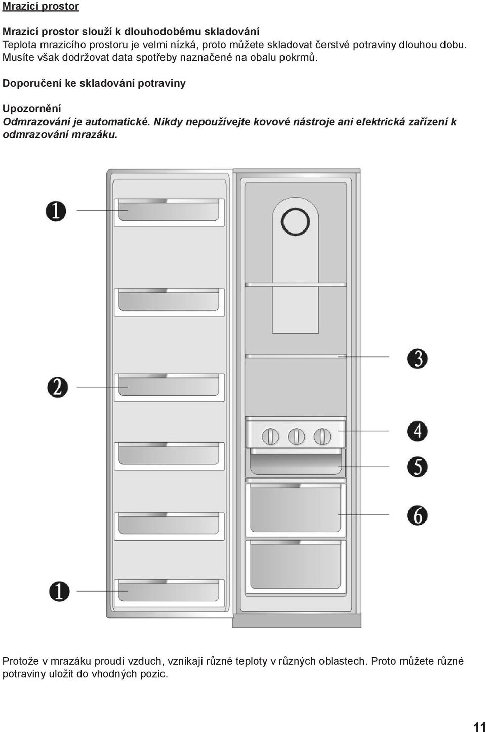 Doporučení ke skladování potraviny Upozornění Odmrazování je automatické.