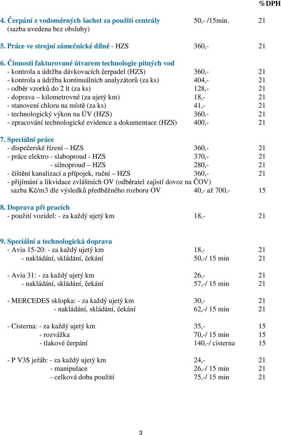 ks) 128,- 21 - doprava kilometrovné (za ujetý km) 18,- 21 - stanovení chloru na místě (za ks) 41,- 21 - technologický výkon na ÚV (HZS) 360,- 21 - zpracování technologické evidence a dokumentace