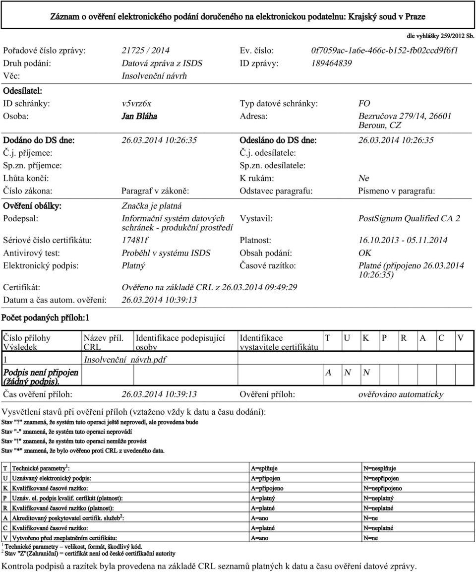 Adresa: Bezručova 279/14, 26601 Beroun, CZ Dodáno do DS dne: 26.03.2014 10:26:35 Odesláno do DS dne: 26.03.2014 10:26:35 Č.j. příjemce: Č.j. odesílatele: Sp.zn.