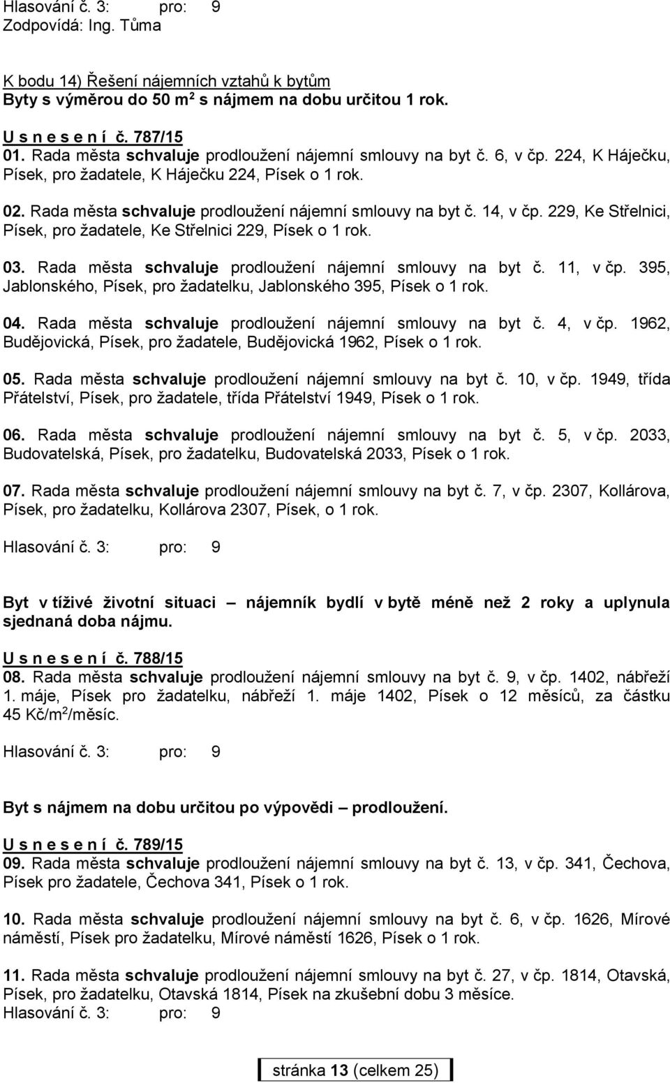 14, v čp. 229, Ke Střelnici, Písek, pro žadatele, Ke Střelnici 229, Písek o 1 rok. 03. Rada města schvaluje prodloužení nájemní smlouvy na byt č. 11, v čp.