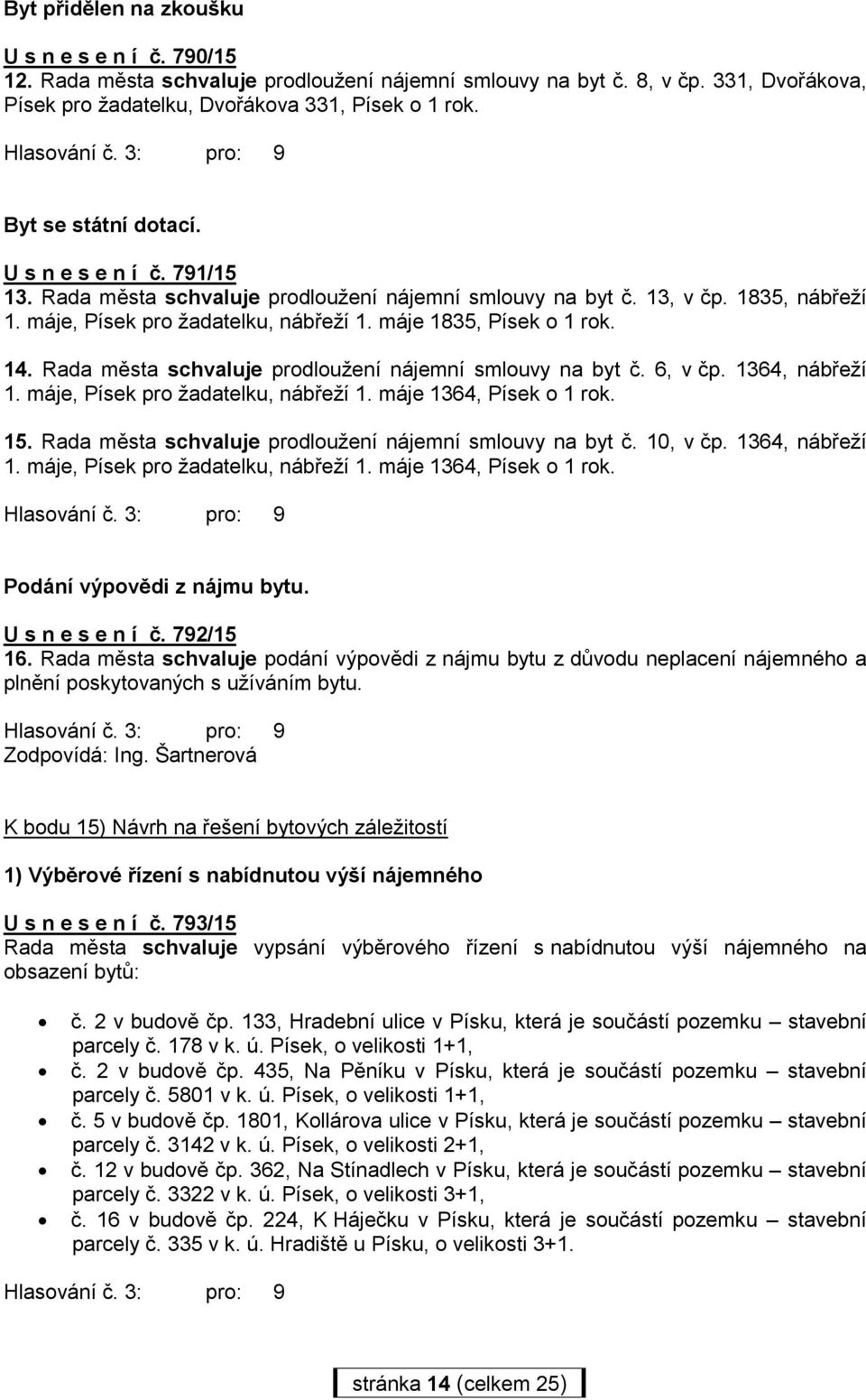 máje 1835, Písek o 1 rok. 14. Rada města schvaluje prodloužení nájemní smlouvy na byt č. 6, v čp. 1364, nábřeží 1. máje, Písek pro žadatelku, nábřeží 1. máje 1364, Písek o 1 rok. 15.