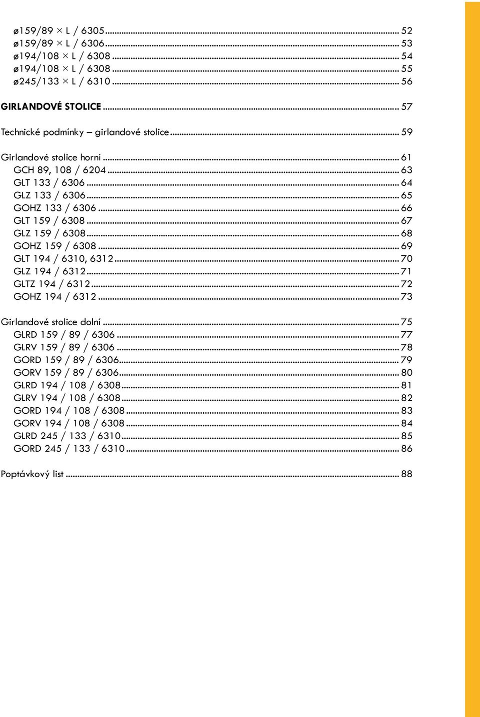 .. 69 GLT 194 / 6310, 6312... 70 GLZ 194 / 6312... 71 GLTZ 194 / 6312... 72 GOHZ 194 / 6312... 73 Girlandové stolice dolní... 75 GLRD 159 / 89 / 6306... 77 GLRV 159 / 89 / 6306.