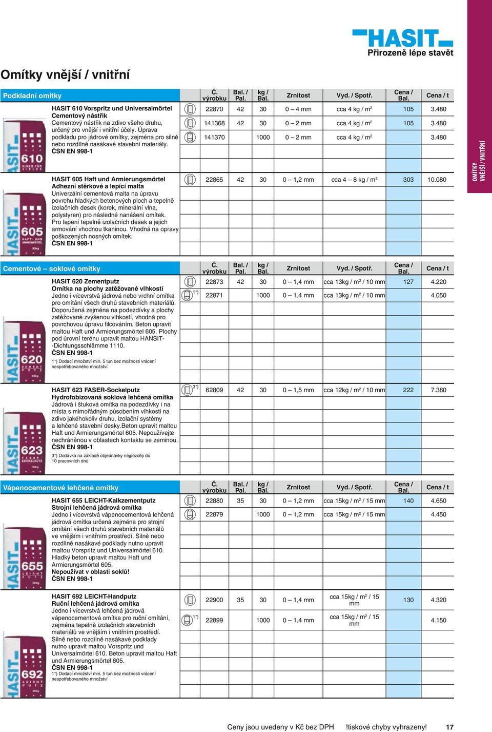 ČSN EN 9981 / 870 4 141368 4 141370 HAST 60 Haft und Armierungsmörtel Adhezní stěrkové a lepící malta Univerzální cementová malta na úpravu povrchu hladkých betonových ploch a tepelně izolačních