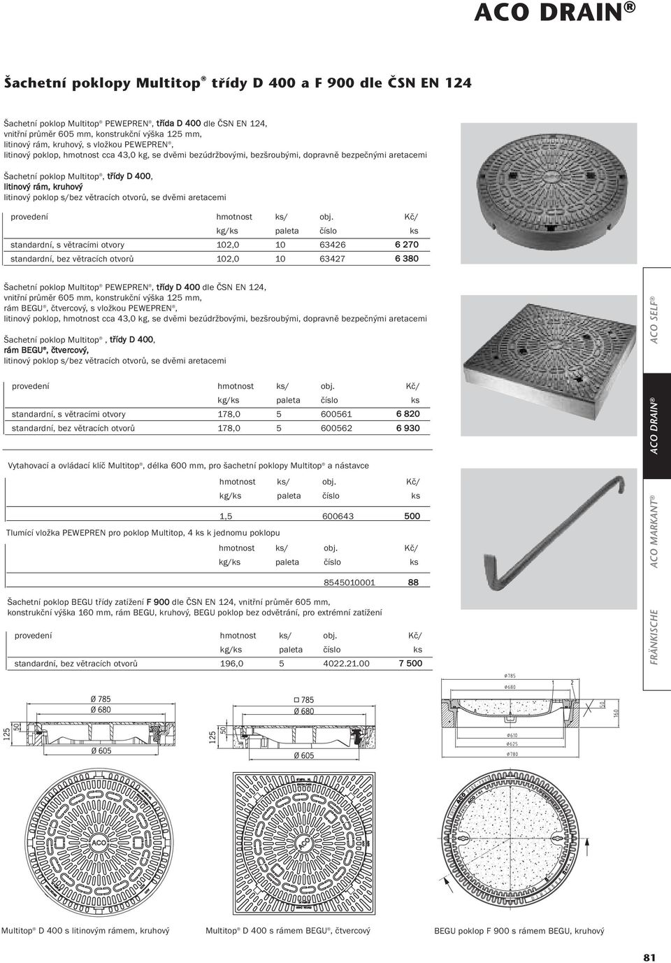 litinový poklop s/bez větracích otvorů, se dvěmi aretacemi standardní, s větracími otvory 102,0 10 63426 6 270 standardní, bez větracích otvorů 102,0 10 63427 6 380 Šachetní poklop Multitop PEWEPREN,