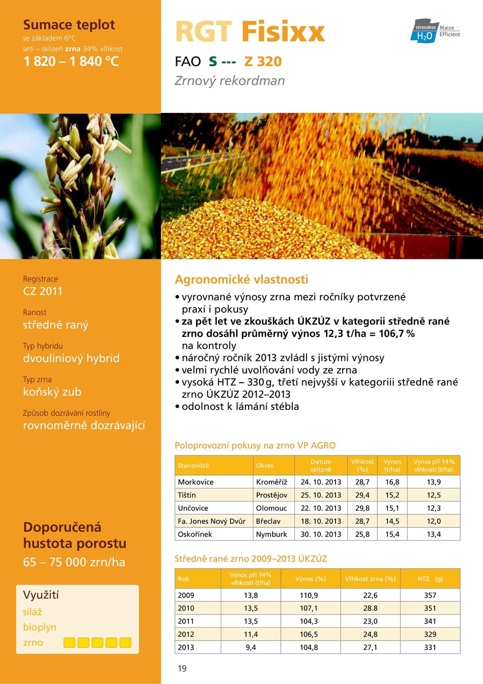 ÚKZÚZ 2012 2013 odolnost k lámání stébla Poloprovozní pokusy na VP AGRO Vlhkost Výnos Výnos při 14 % Morkovice Kroměříž 24. 10. 2013 28,7 16,8 13,9 Tištín Prostějov 25. 10. 2013 29,4 15,2 12,5 Unčovice Olomouc 22.