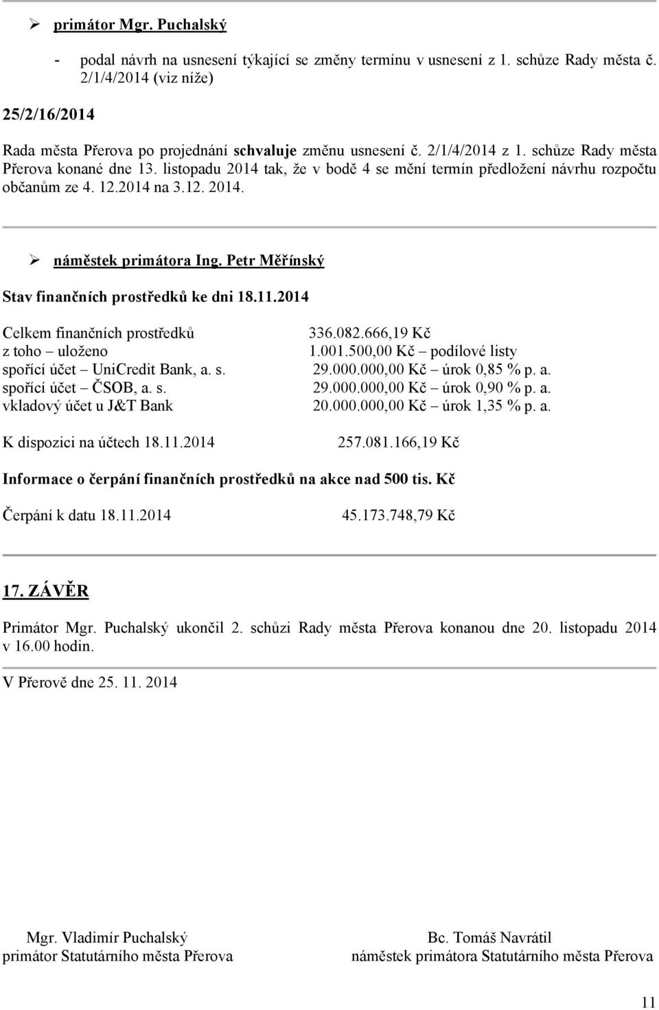 Petr Měřínský Stav finančních prostředků ke dni 18.12014 Celkem finančních prostředků z toho uloženo spořící účet UniCredit Bank, a. s. spořící účet ČSOB, a. s. vkladový účet u J&T Bank K dispozici na účtech 18.