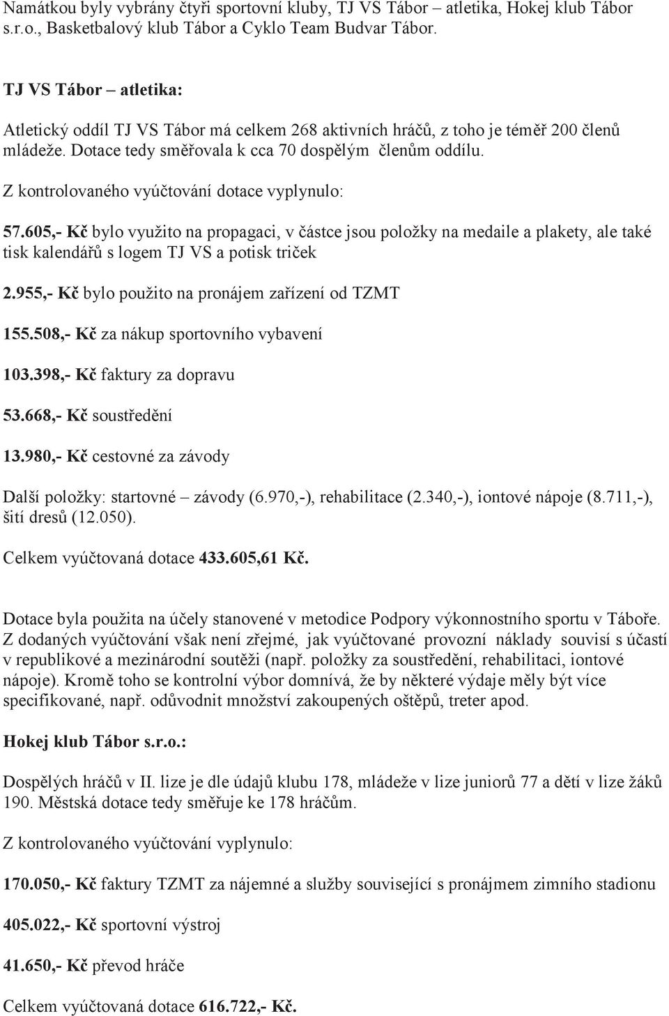 Z kontrolovaného vyú tování dotace vyplynulo: 57.605,- K bylo využito na propagaci, v ástce jsou položky na medaile a plakety, ale také tisk kalendá s logem TJ VS a potisk tri ek 2.