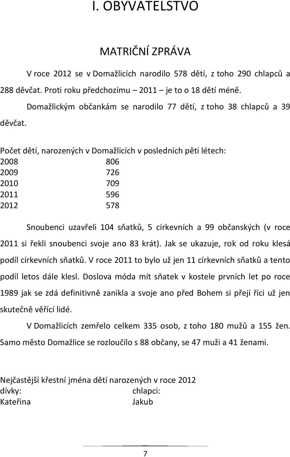 Počet dětí, narozených v Domažlicích v posledních pěti létech: 2008 806 2009 726 2010 709 2011 596 2012 578 Snoubenci uzavřeli 104 sňatků, 5 církevních a 99 občanských (v roce 2011 si řekli snoubenci