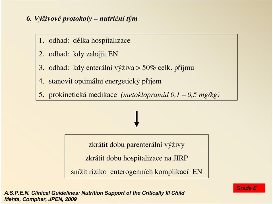 prokinetická medikace (metoklopramid 0,1 0,5 mg/kg) zkrátit dobu parenterální výživy zkrátit dobu hospitalizace na