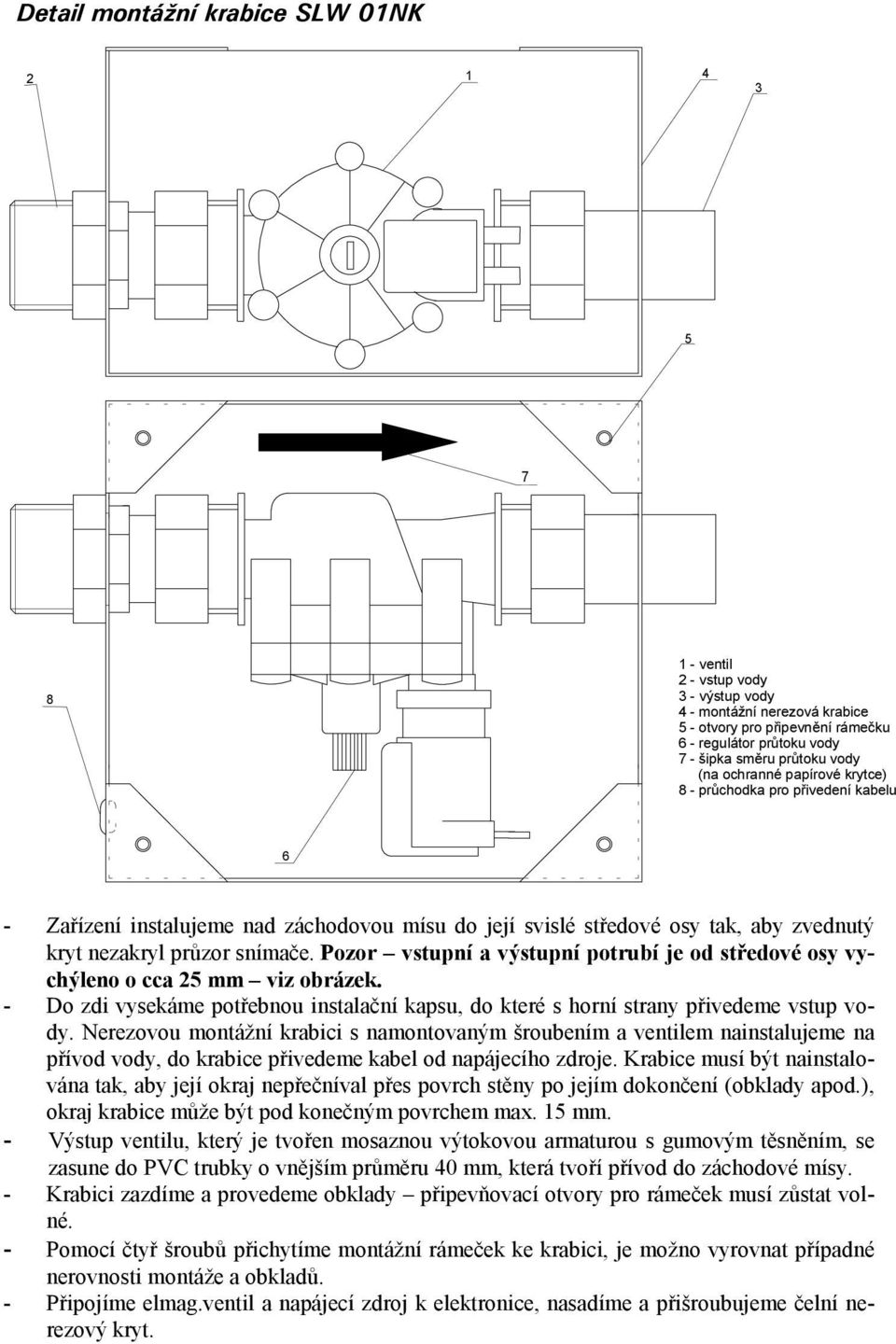 Pozor vstupní a výstupní potrubí je od středové osy vychýleno o cca 25 mm viz obrázek. - Do zdi vysekáme potřebnou instalační kapsu, do které s horní strany přivedeme vstup vody.