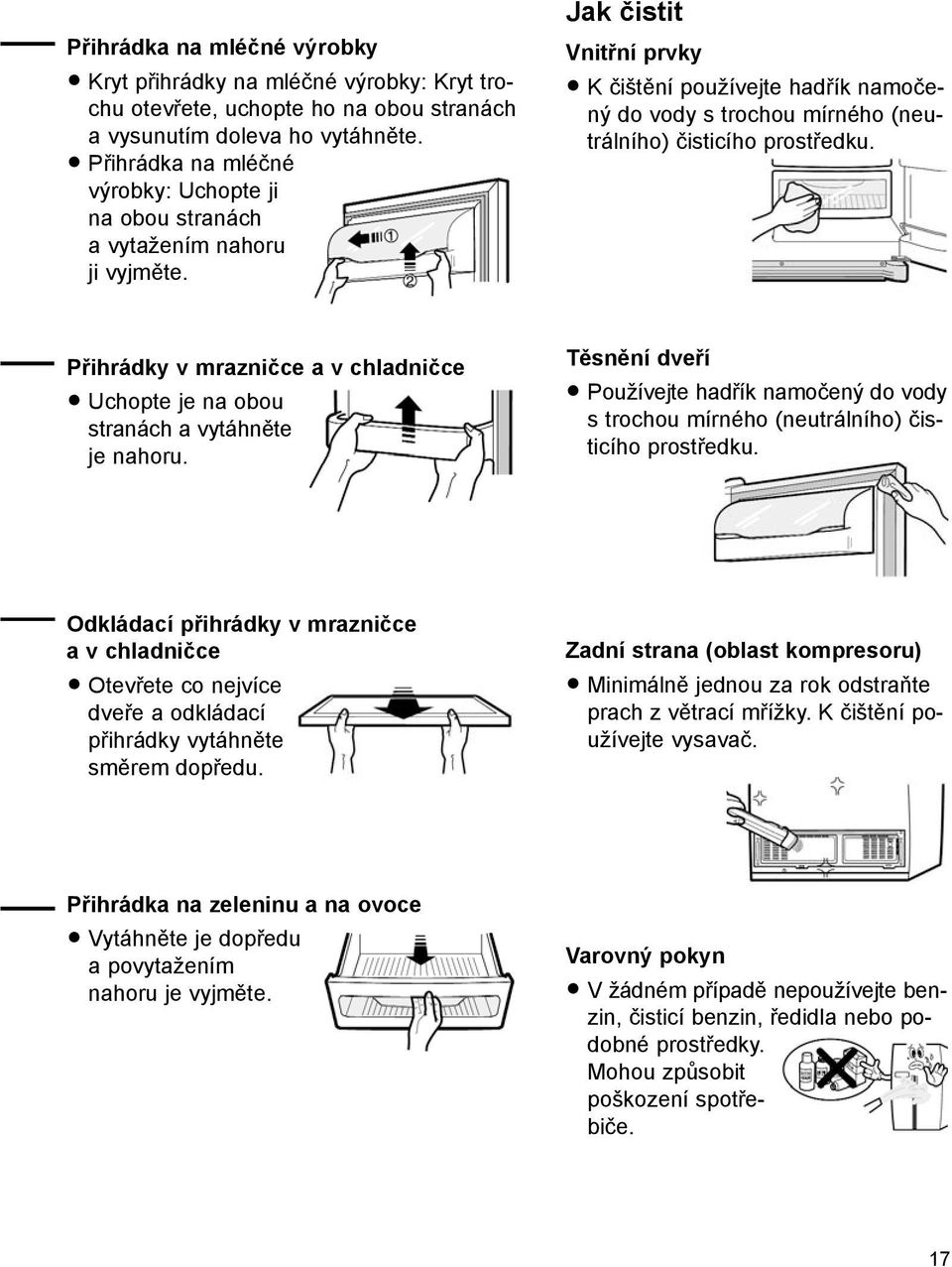 Jak čistit Vnitřní prvky K čištění používejte hadřík namočený do vody s trochou mírného (neutrálního) čisticího prostředku.