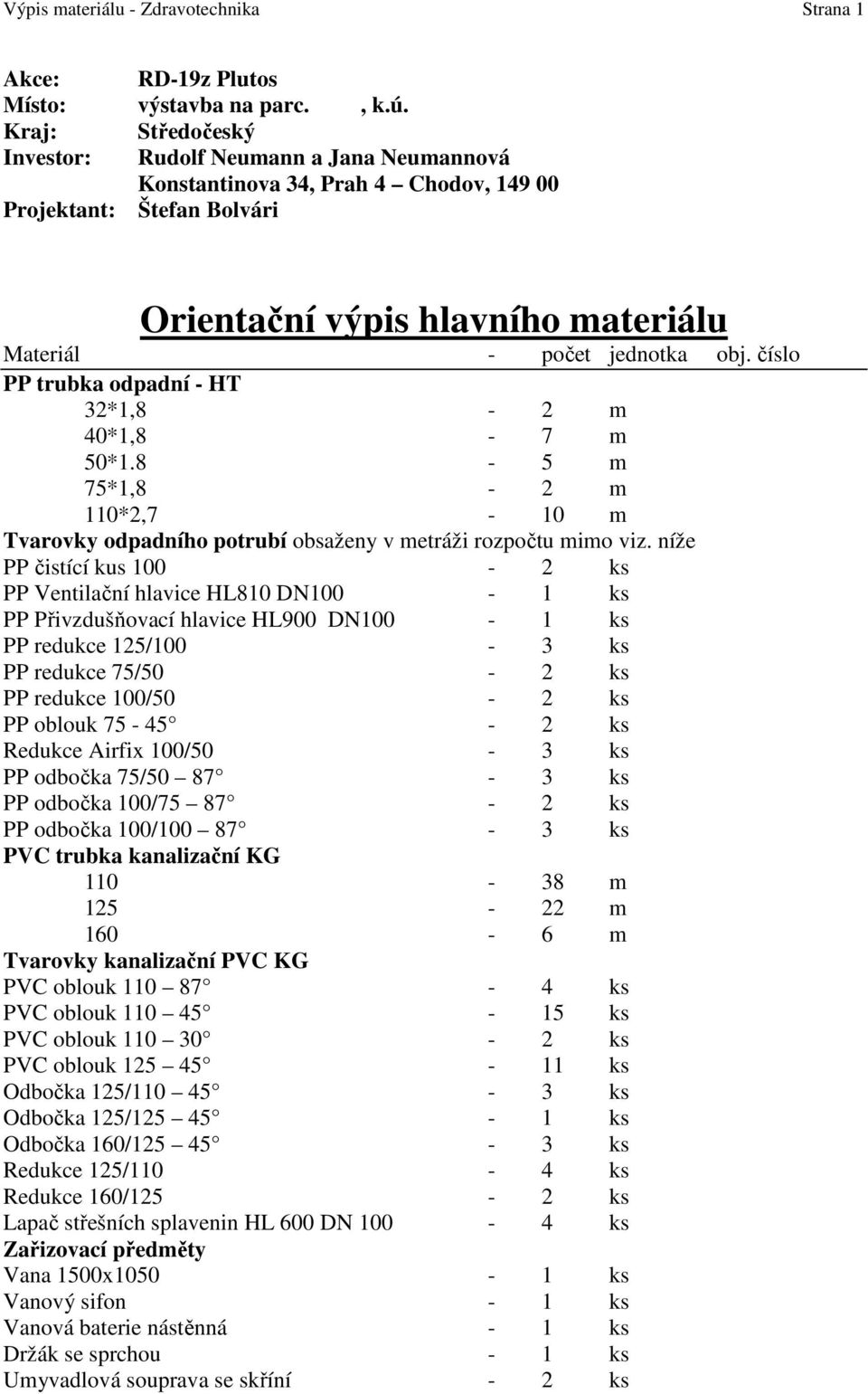 číslo PP trubka odpadní - HT 32*1,8-2 m 40*1,8-7 m 50*1.8-5 m 75*1,8-2 m 110*2,7-10 m Tvarovky odpadního potrubí obsaženy v metráži rozpočtu mimo viz.