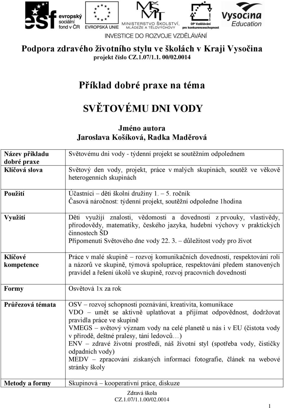 Světovému dni vody - týdenní projekt se soutěžním odpolednem Světový den vody, projekt, práce v malých skupinách, soutěž ve věkově heterogenních skupinách Účastníci děti školní družiny 1. 5.