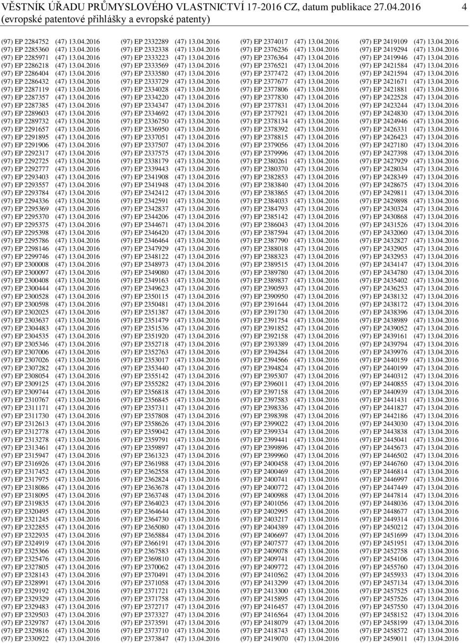 04.2016 (97) EP 2289732 (47) 13.04.2016 (97) EP 2291657 (47) 13.04.2016 (97) EP 2291895 (47) 13.04.2016 (97) EP 2291906 (47) 13.04.2016 (97) EP 2292317 (47) 13.04.2016 (97) EP 2292725 (47) 13.04.2016 (97) EP 2292777 (47) 13.