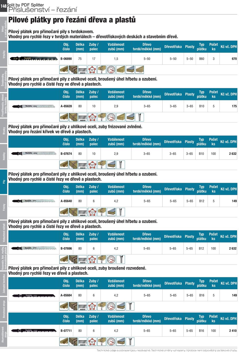 číslo Délka (mm) Zuby / palec Vzdálenost zubů (mm) Dřevo tvrdé/měkké (mm) Dřevotříska Plasty Typ plátku Počet ks Kč vč.