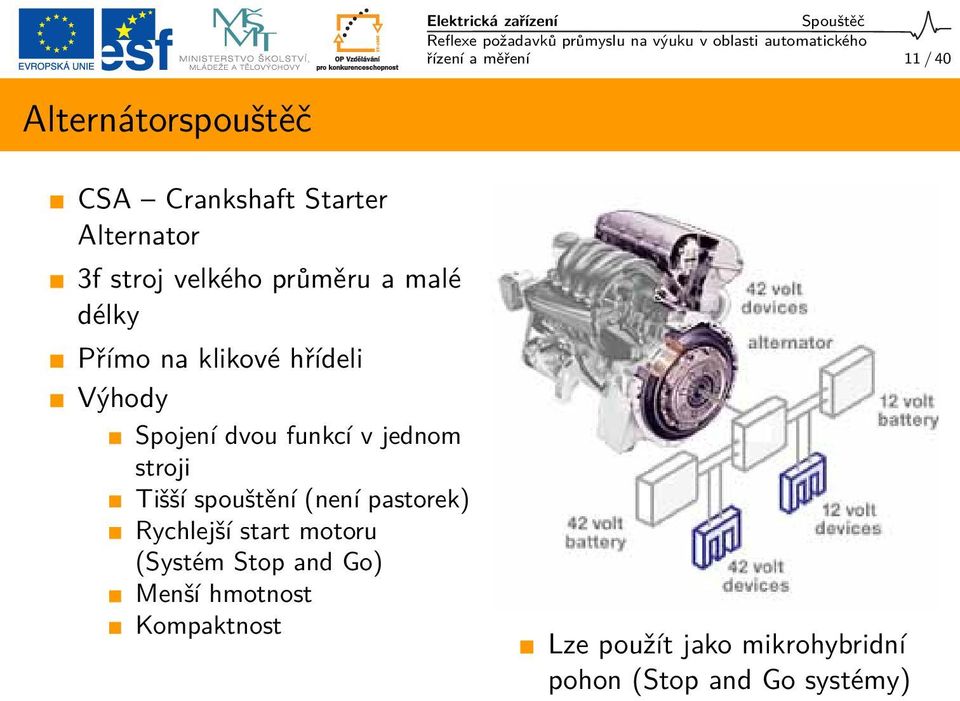 funkcí v jednom stroji Tišší spouštění (není pastorek) Rychlejší start motoru (Systém