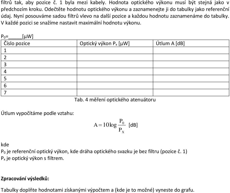 V každé pozici se snažíme nastavit maximální hodnotu výkonu. P 0= [μw] Číslo pozice Optický výkon P x [μw] Útlum A [db] 1 2 3 4 5 6 7 Tab.