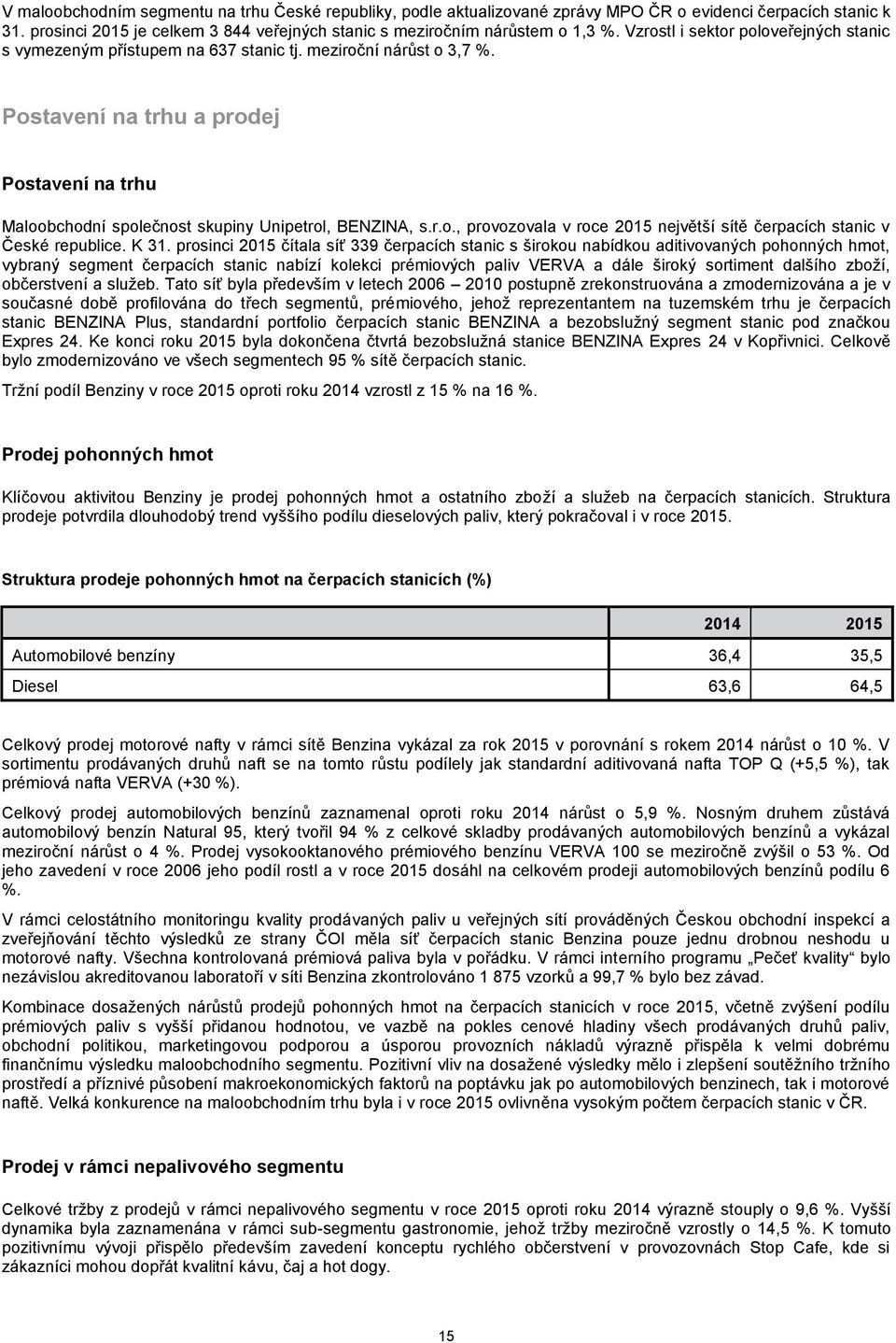 Postavení na trhu a prodej Postavení na trhu Maloobchodní společnost skupiny Unipetrol, BENZINA, s.r.o., provozovala v roce 2015 největší sítě čerpacích stanic v České republice. K 31.