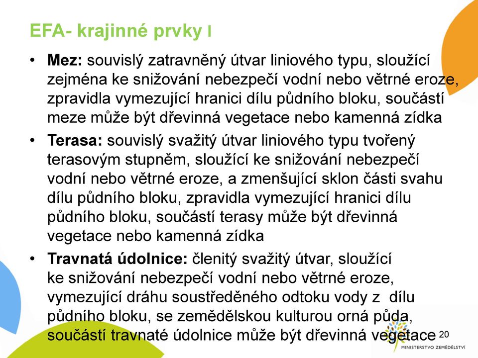 části svahu dílu půdního bloku, zpravidla vymezující hranici dílu půdního bloku, součástí terasy může být dřevinná vegetace nebo kamenná zídka Travnatá údolnice: členitý svažitý útvar, sloužící ke