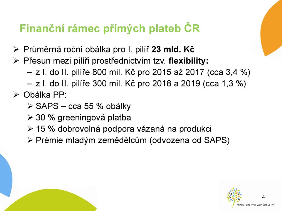 Kč pro 2015 až 2017 (cca 3,4 %) z I. do II. pilíře 300 mil.