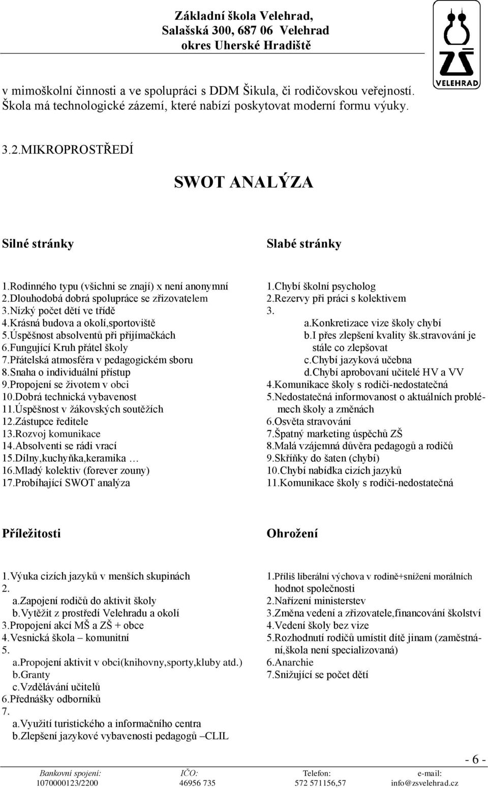 Rezervy při práci s kolektivem 3.Nízký počet dětí ve třídě 3. 4.Krásná budova a okolí,sportoviště a.konkretizace vize školy chybí 5.Úspěšnost absolventů při přijímačkách b.i přes zlepšení kvality šk.