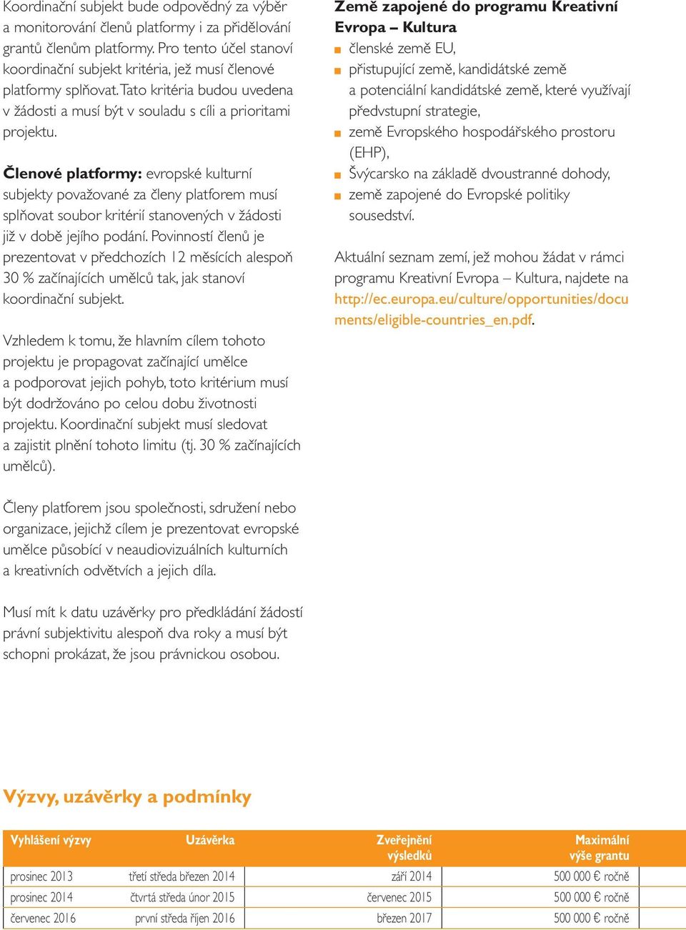 Členové platformy: evropské kulturní subjekty považované za členy platforem musí splňovat soubor kritérií stanovených v žádosti již v době jejího podání.