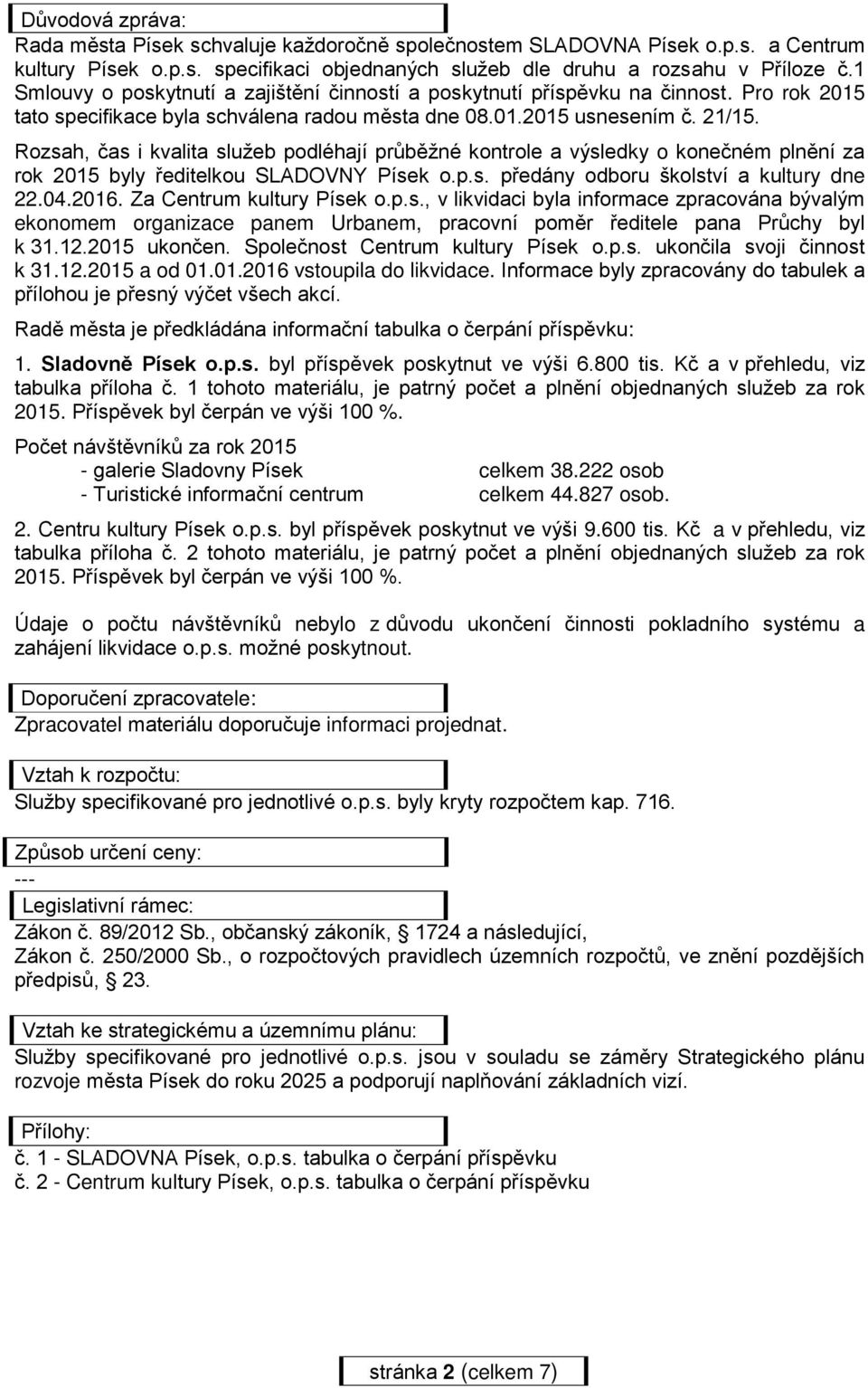 Rozsah, čas i kvalita služeb podléhají průběžné kontrole a výsledky o konečném plnění za rok 2015 byly ředitelkou SLADOVNY Písek o.p.s. předány odboru školství a kultury dne 22.04.2016.