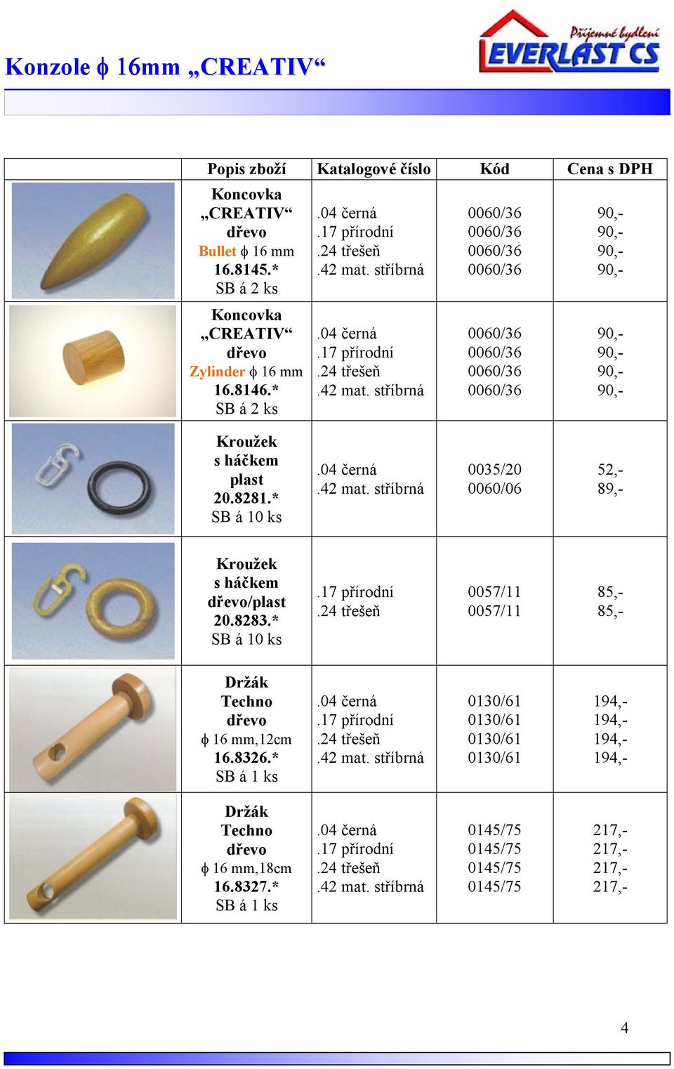 * SB á 10 ks.42 mat. stříbrná 0035/20 0060/06 52,- 89,- Kroužek s háčkem dřevo/plast 20.8283.* SB á 10 ks.17 přírodní.24 třešeň 0057/11 0057/11 85,- 85,- Držák Techno dřevo φ 16 mm,12cm 16.