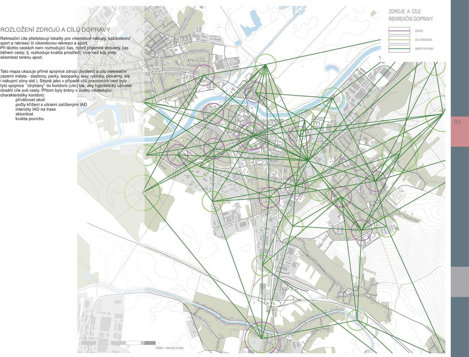 Tato mapa ukazuje přímé spojnice zdrojů (bydlení) a cílů (rekreační zázemí města - stadiony, parky, lesoparky, lesy, rybníky, plovárny, ale i nákupní zóny atd.). Stejně jako v případě cílů pracovních cest byly tyto spojnice ohýbány do koridorů (ulic) tak, aby hypotetický uživatel dosáhl cíle své cesty.