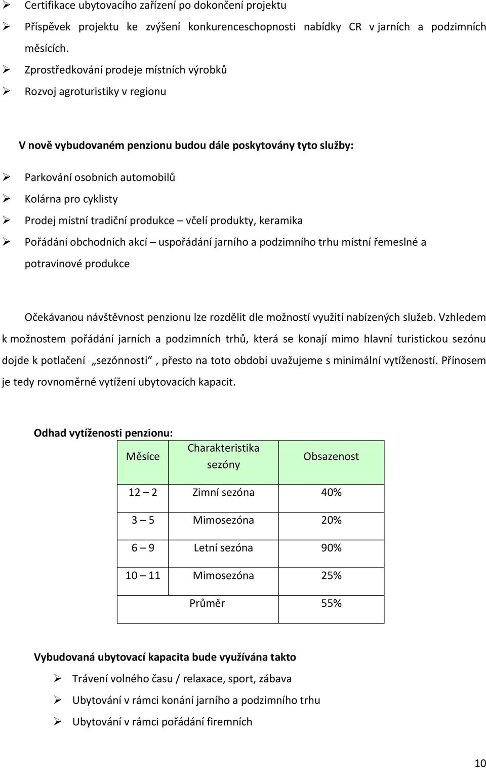 místní tradiční produkce včelí produkty, keramika Pořádání obchodních akcí uspořádání jarního a podzimního trhu místní řemeslné a potravinové produkce Očekávanou návštěvnost penzionu lze rozdělit dle