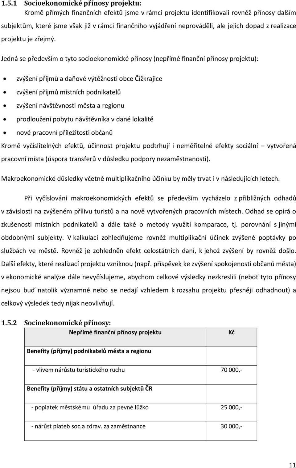 Jedná se především o tyto socioekonomické přínosy (nepřímé finanční přínosy projektu): zvýšení příjmů a daňové výtěžnosti obce Čížkrajice zvýšení příjmů místních podnikatelů zvýšení návštěvnosti