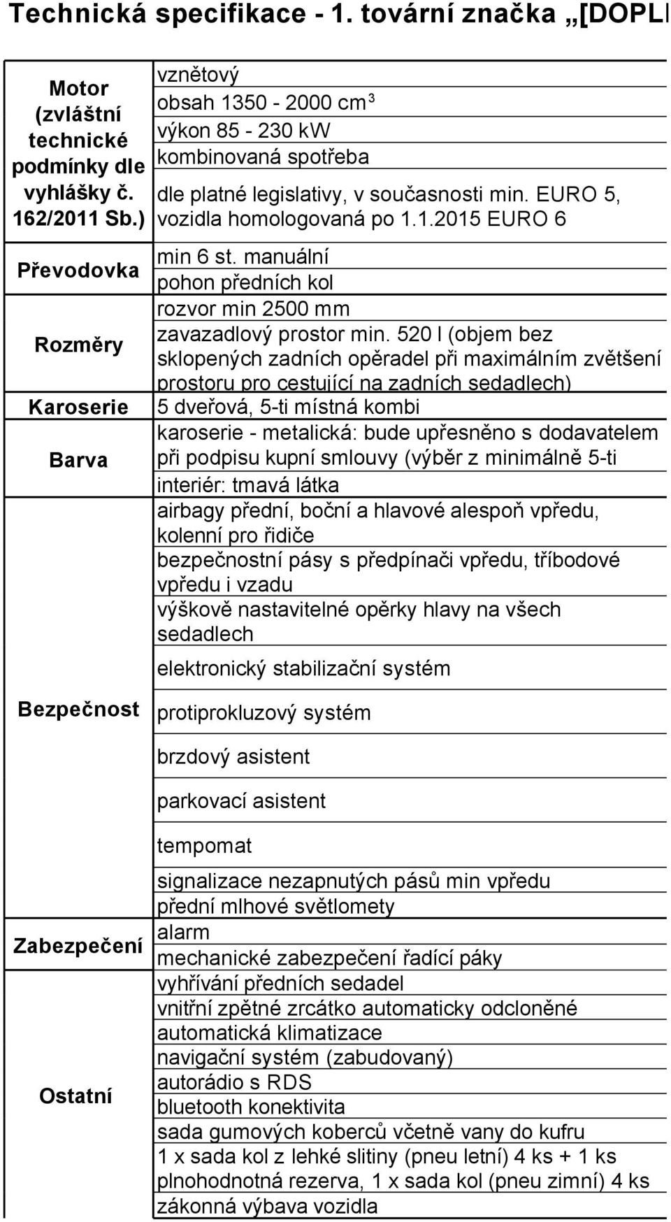 manuální pohon předních kol rozvor min 2500 mm zavazadlový prostor min.