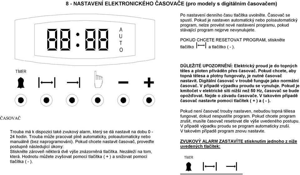 POKUD CHCETE RESETOVAT PROGRAM, stiskněte tlačítko a tlačítko ( - ). DŮLEŽITÉ UPOZORNĚNÍ: Elektrický proud je do topných těles a ploten přiváděn přes časovač.