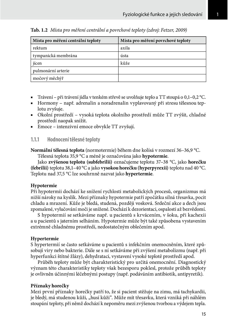 2 Místa pro měření centrální a povrchové teploty (zdroj: Fetzer, 2009) Místa pro měření centrální teploty rektum tympanická membrána jícen pulmonární arterie močový měchýř Místa pro měření povrchové