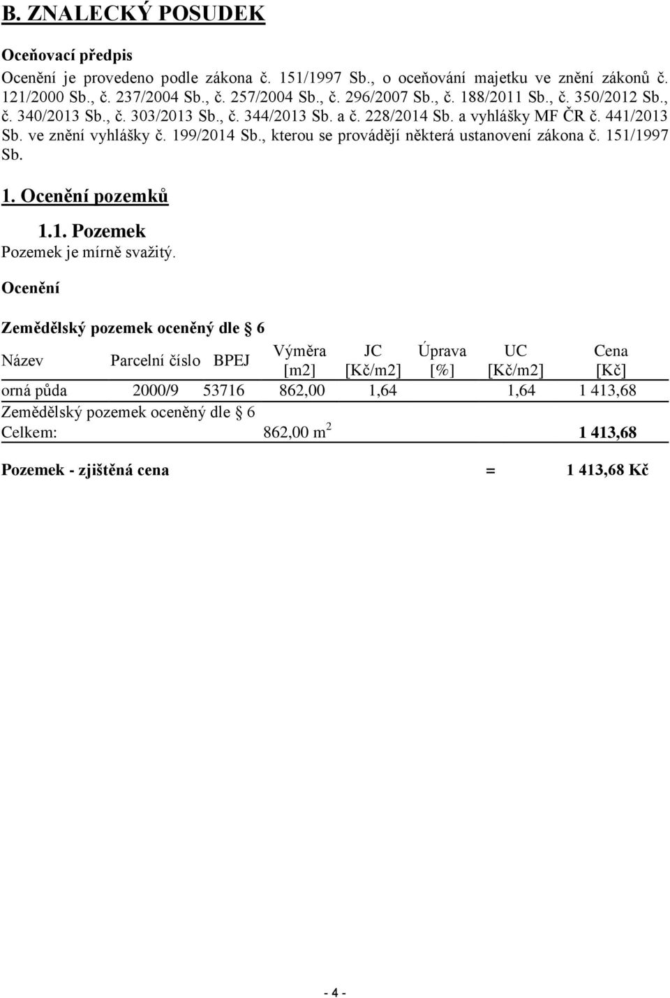 , kterou se provádějí některá ustanovení zákona č. 151/1997 Sb. 1. Ocenění pozemků 1.1. Pozemek Pozemek je mírně svažitý.