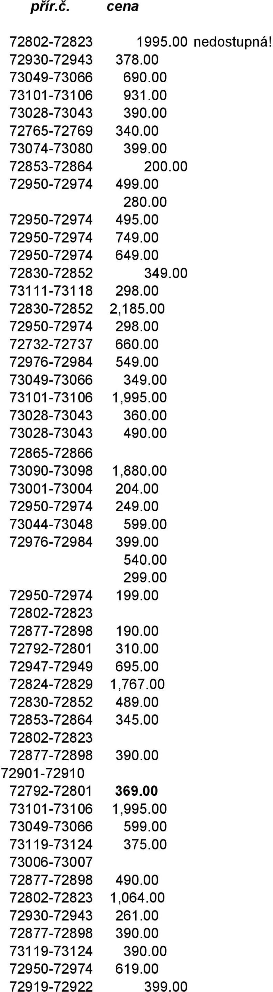 00 73101-73106 1,995.00 73028-73043 360.00 73028-73043 490.00 72865-72866 73090-73098 1,880.00 73001-73004 204.00 72950-72974 249.00 73044-73048 599.00 72976-72984 399.00 540.00 5 136/15 299.