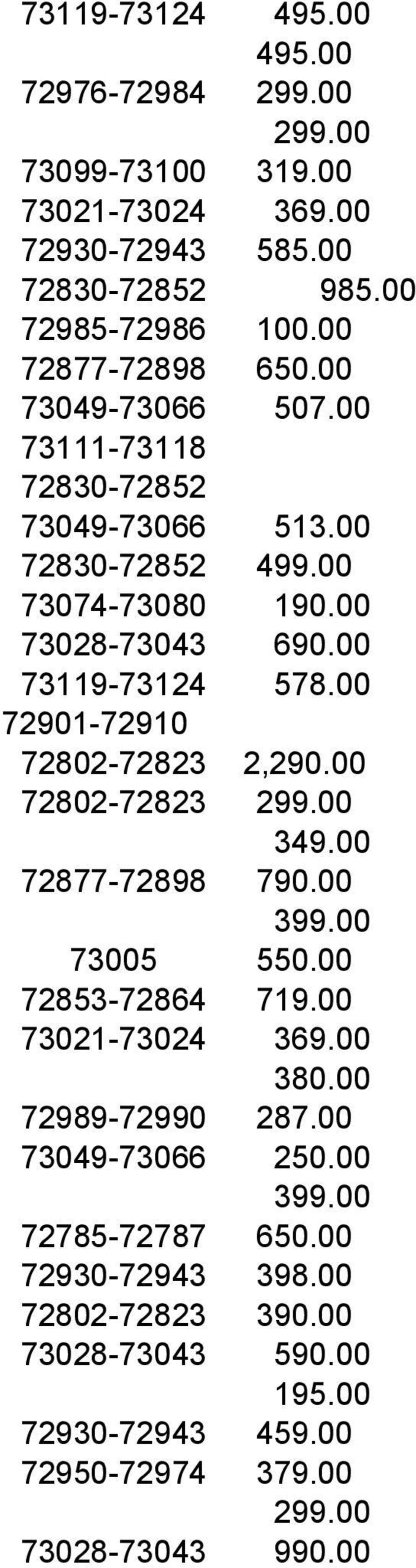 00 72901-72910 72802-72823 2,290.00 72802-72823 299.00 5 136/15 349.00 72877-72898 790.00 5 136/15 399.00 73005 550.00 72853-72864 719.00 73021-73024 369.00 380.