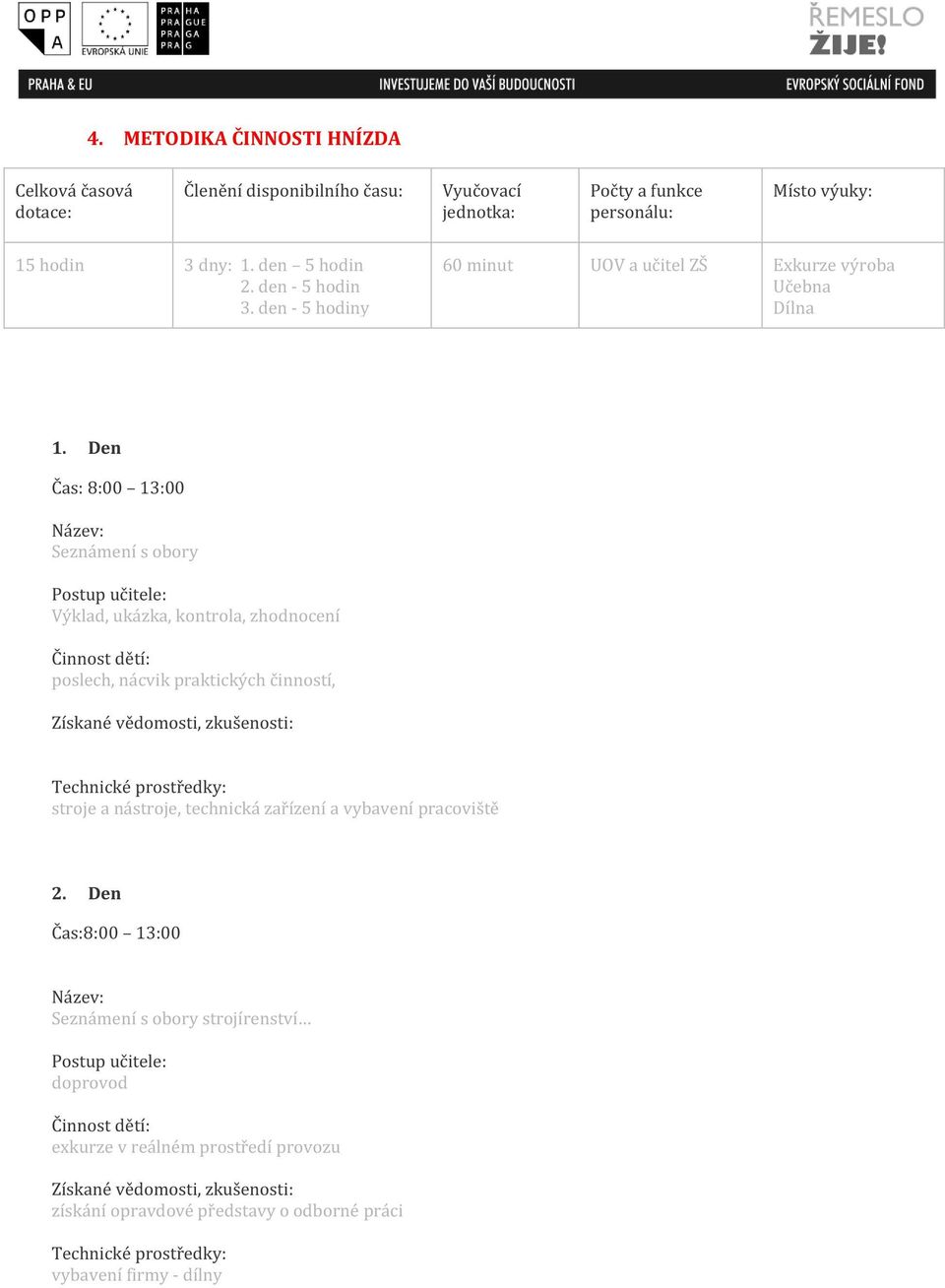 Den Čas: 8:00 13:00 Název: Seznámení s obory Postup učitele: Výklad, ukázka, kontrola, zhodnocení Činnost dětí: poslech, nácvik praktických činností, Získané vědomosti, zkušenosti: Technické