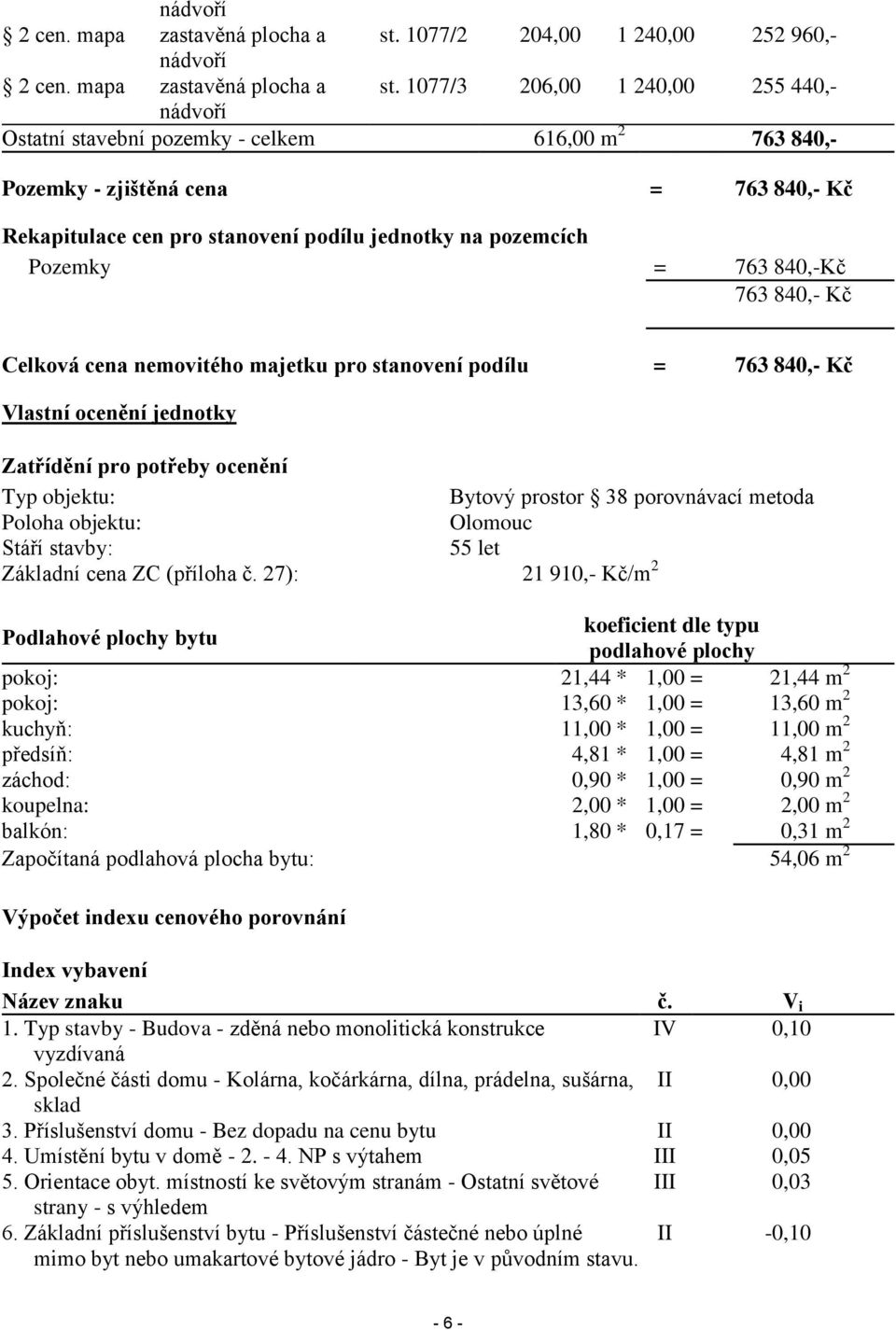 podílu jednotky na pozemcích Pozemky = 763 840,-Kč 763 840,- Kč Celková cena nemovitého majetku pro stanovení podílu = 763 840,- Kč Vlastní ocenění jednotky Zatřídění pro potřeby ocenění Typ objektu: