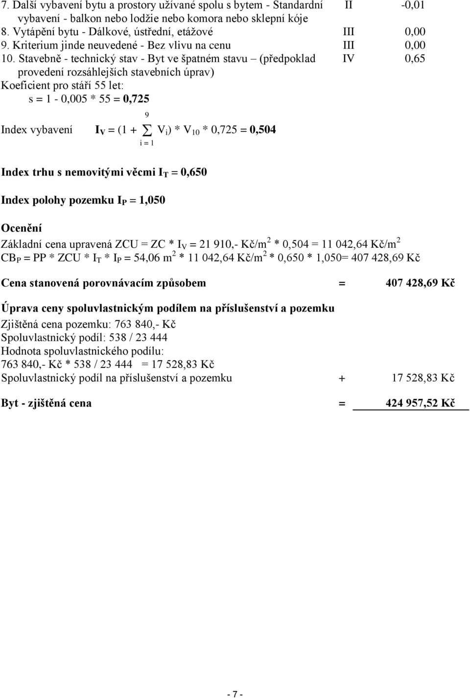 Stavebně - technický stav - Byt ve špatném stavu (předpoklad IV 0,65 provedení rozsáhlejších stavebních úprav) Koeficient pro stáří 55 let: s = 1-0,005 * 55 = 0,725 Index vybavení I V = (1 + V i) * V