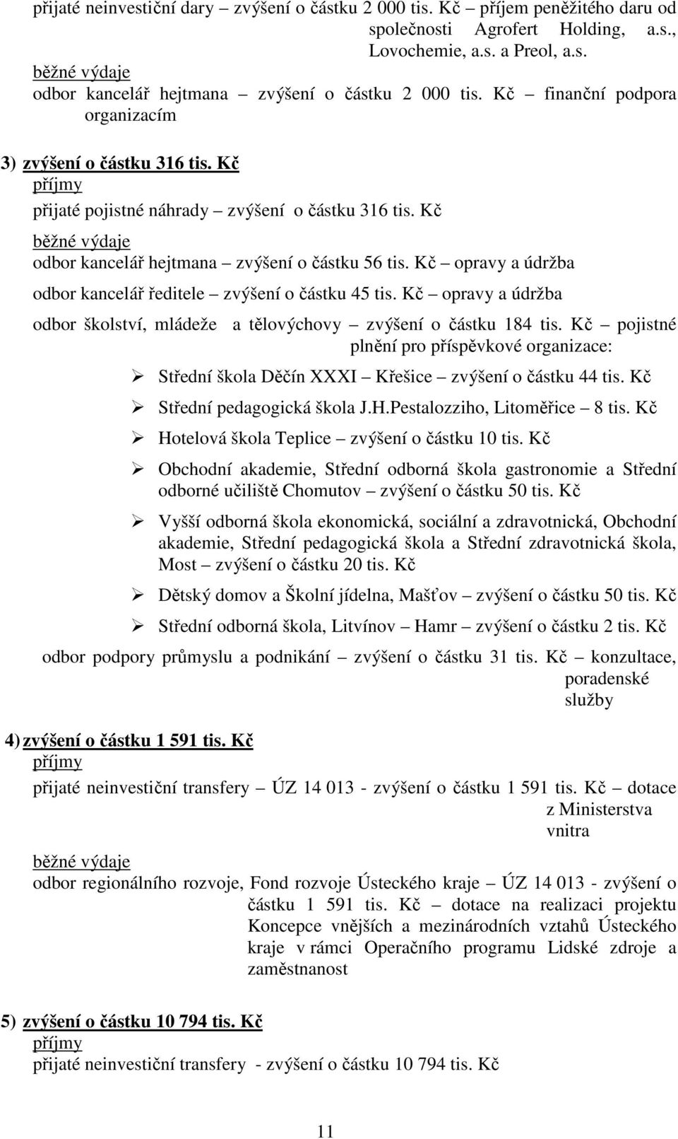 Kč opravy a údržba odbor kancelář ředitele zvýšení o částku 45 tis. Kč opravy a údržba odbor školství, mládeže a tělovýchovy zvýšení o částku 184 tis.