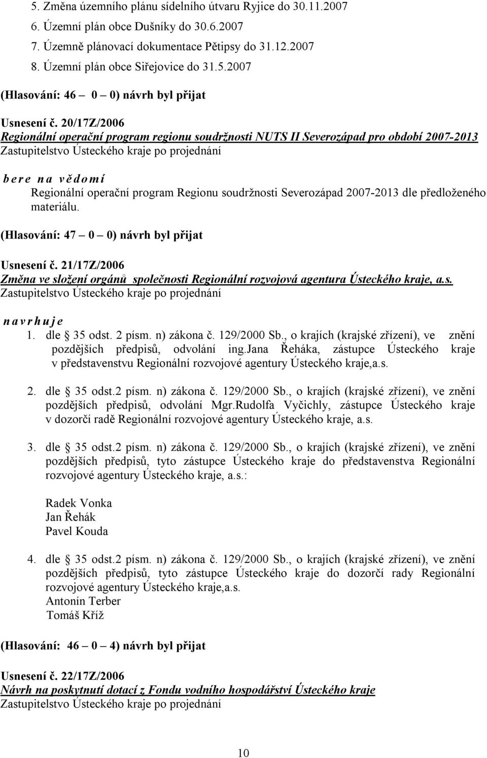 předloženého materiálu. (Hlasování: 47 0 0) návrh byl přijat Usnesení č. 21/17Z/2006 Změna ve složení orgánů společnosti Regionální rozvojová agentura Ústeckého kraje, a.s. navrhuje 1. dle 35 odst.