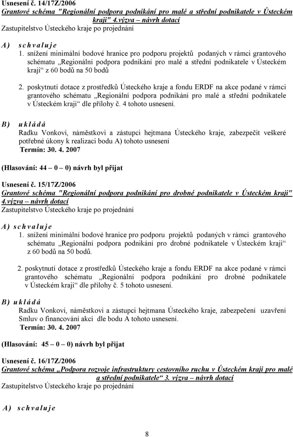 poskytnutí dotace z prostředků Ústeckého kraje a fondu ERDF na akce podané v rámci grantového schématu Regionální podpora podnikání pro malé a střední podnikatele v Ústeckém kraji dle přílohy č.