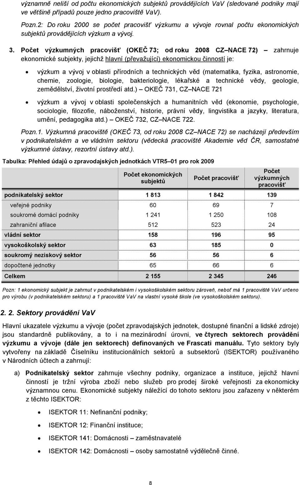 Počet výzkumných pracovišť (OKEČ 73; od roku 2008 CZ NACE 72) zahrnuje ekonomické subjekty, jejichž hlavní (převažující) ekonomickou činností je: výzkum a vývoj v oblasti přírodních a technických věd