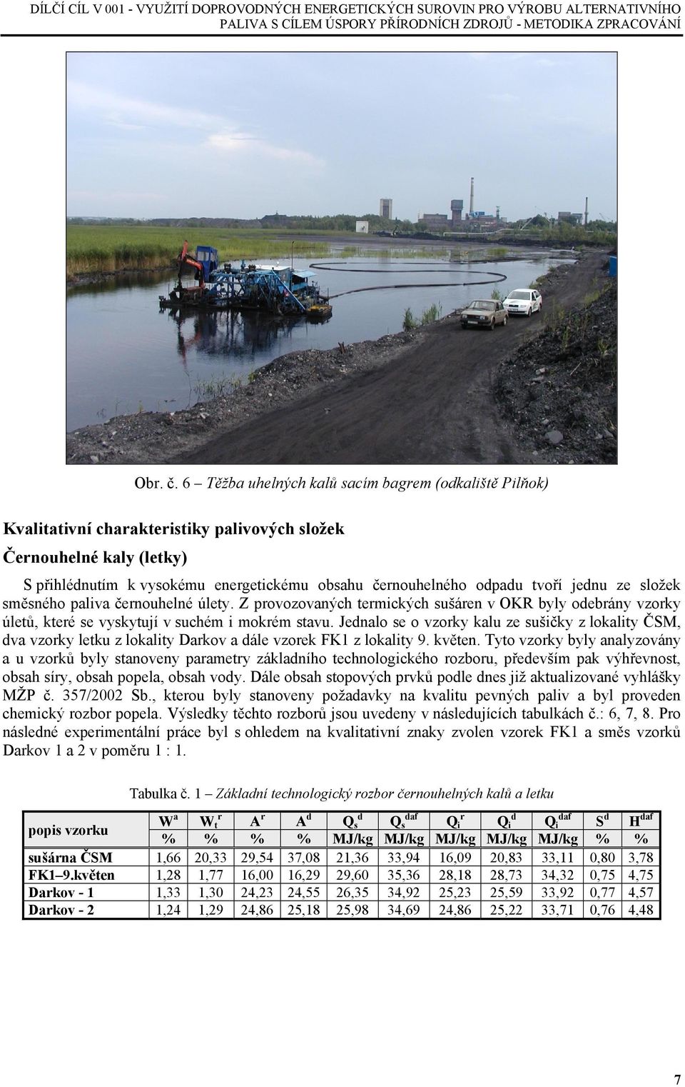 jednu ze složek směsného paliva černouhelné úlety. Z provozovaných termických sušáren v OKR byly odebrány vzorky úletů, které se vyskytují v suchém i mokrém stavu.