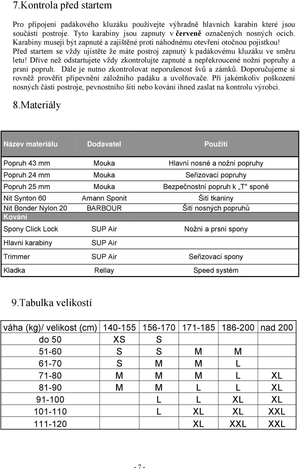 Dříve než odstartujete vždy zkontrolujte zapnuté a nepřekroucené nožní popruhy a prsní popruh. Dále je nutno zkontrolovat neporušenost švů a zámků.