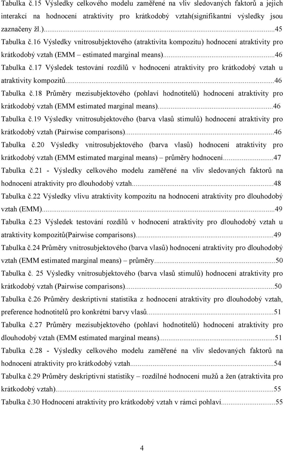 17 Výsledek testování rozdílů v hodnocení atraktivity pro krátkodobý vztah u atraktivity kompozitů...46 Tabulka č.